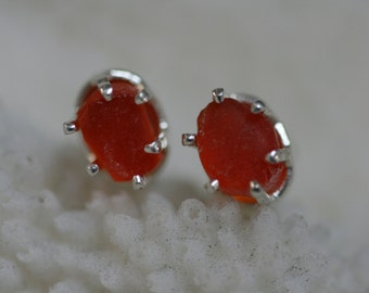 EXTREMELY RARE ORANGE beach sea glass 925 sterling silver studs post earrings