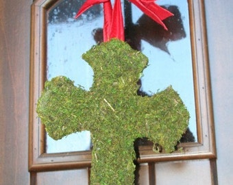Moss Covered Cross 12 inch Door Wreath with Ribbon