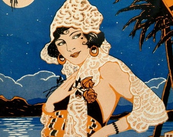 Art Deco Latina Flapper Pinup Style Print - 1922 Rio Nights Sheet Music Cover, Matted and Ready to Frame