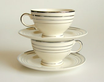 Art Deco Salem Saphire Cups, Zephyr Pattern, White w/ Platinum Streamlines, Set of 2, 4 Prs Available