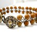 SALE Beaded Wire Braided Bracelet, Natural Wood Jasper, Antiqued Brass Floral Buttons, Deep Brown, Khaki, Floral Jewelry