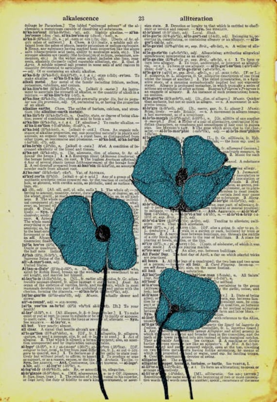 Blue Poppies Vintage Dictionary Book Page Art