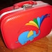 Small Vintage Suitcase - - Elephant and Colorful Rainbow - - Childs red Overnight Case