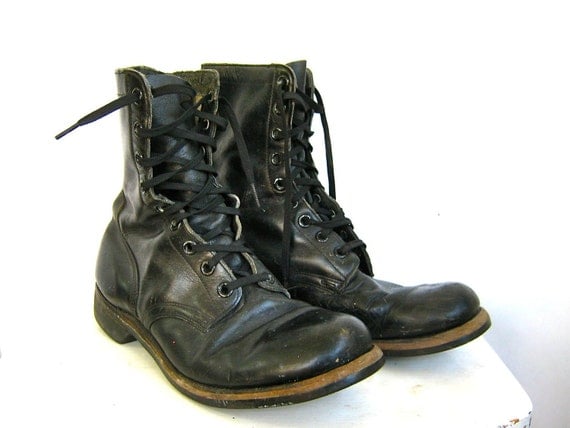 Vintage Black Leather Military Combat Boots w Biltrite sole