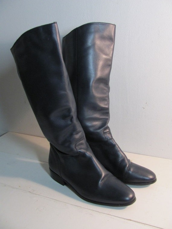 Vintage Navy Blue Tall Leather Boots Womens Size 7.5 M