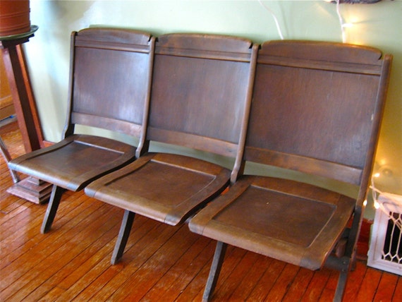 MARK DOWN Vintage antique folding wooden movie theater seats.