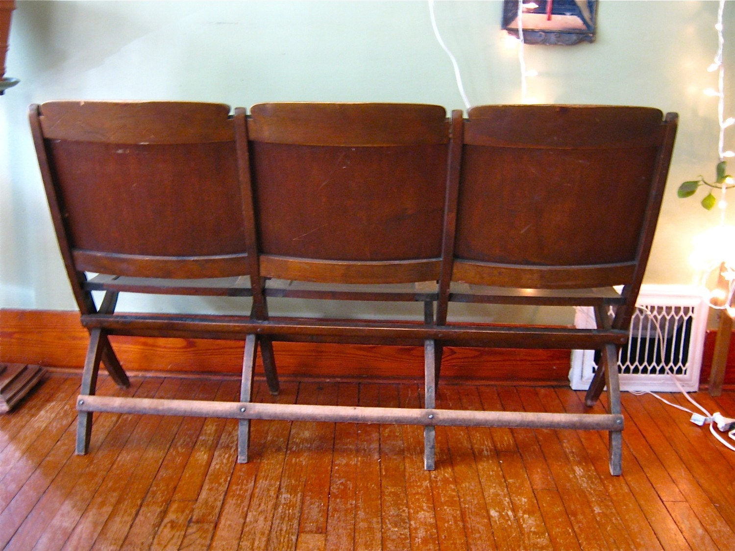 MARK DOWN Vintage antique folding wooden movie theater seats.