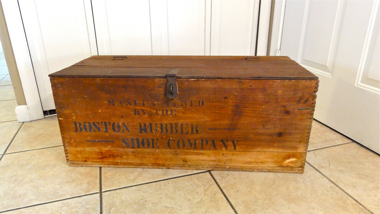 Primitive Large Wooden Crate Boston Rubber Shoe by Bluebell