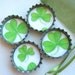 SALE- 4 Very Green Shamrock Clovers- Up-Cycled Paper and Bottlecap Magnets with Green Organza Bag