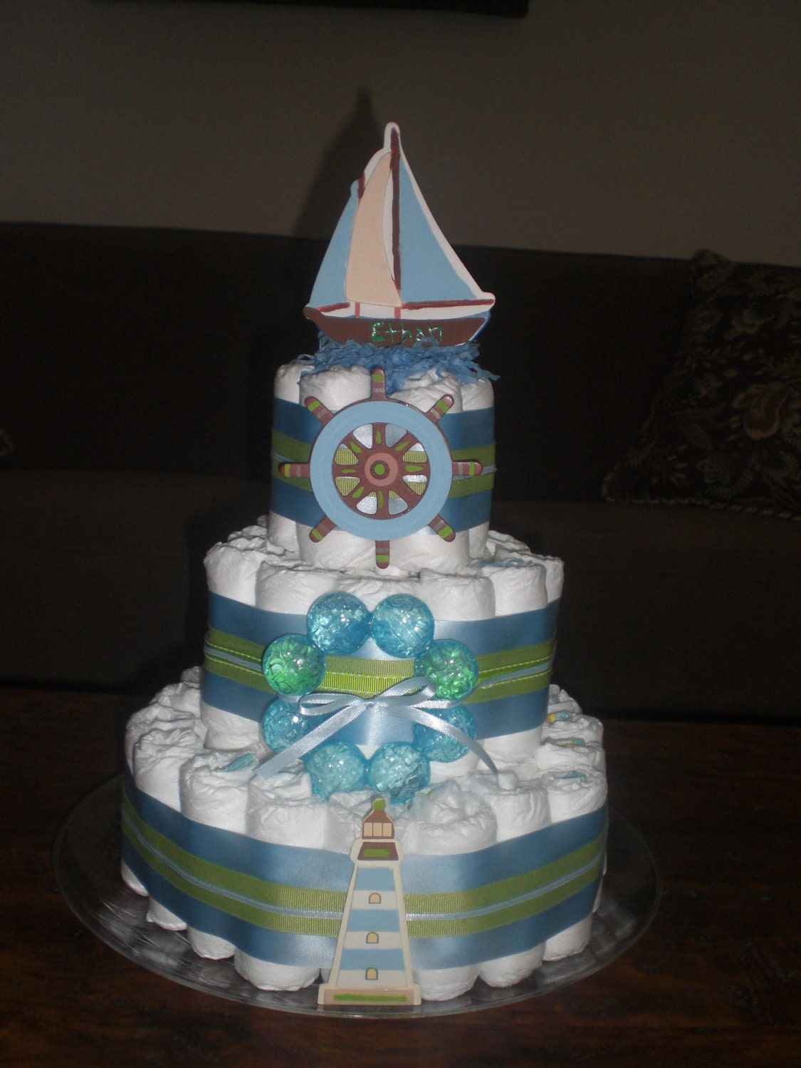 Nautical Beach Themed Diaper Cake Sailboats lighthouses