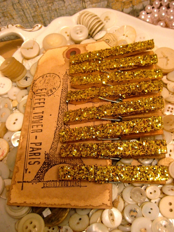 Items similar to Glittered and Antiqued Clothespins w/ Twine GOLD