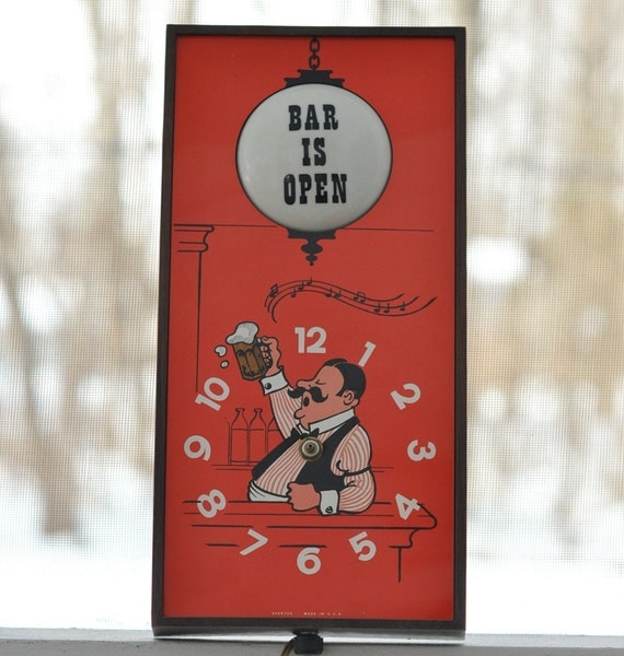Vintage. Bar is Open. Lighting Sign. Clock. Orange