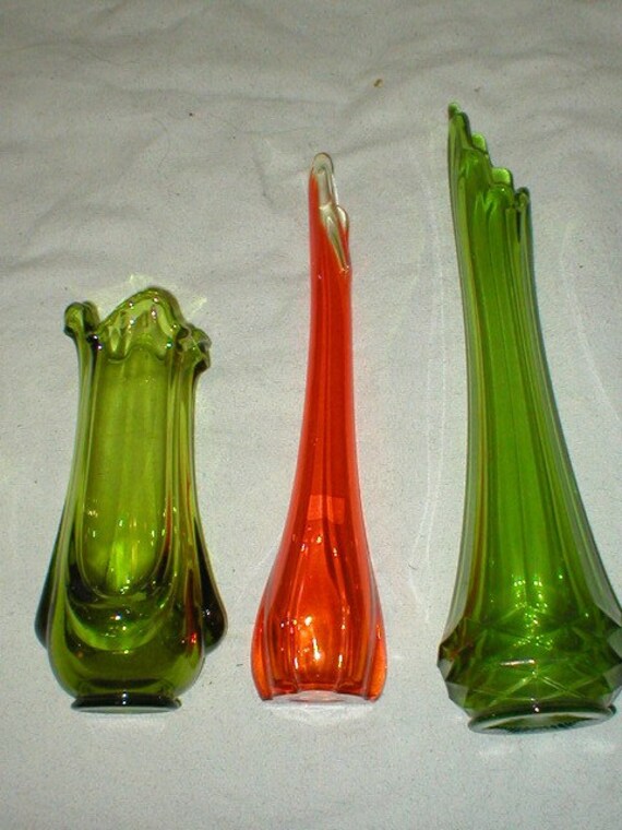 SALE Vintage 70s Art Glass vases in olive green and by antique