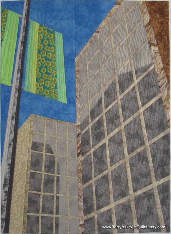 Art Quilt - "Looking Up", a Textile Perspective View of City Buildings