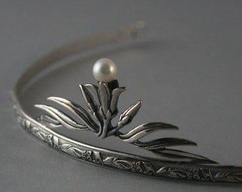 Lily Nouveau Tiara--Solid Sterling Silver set with a Genuine Fresh Water Pearl-Bridal Tiara -Flower Pattern Silver Tiara -Elegant and Simple