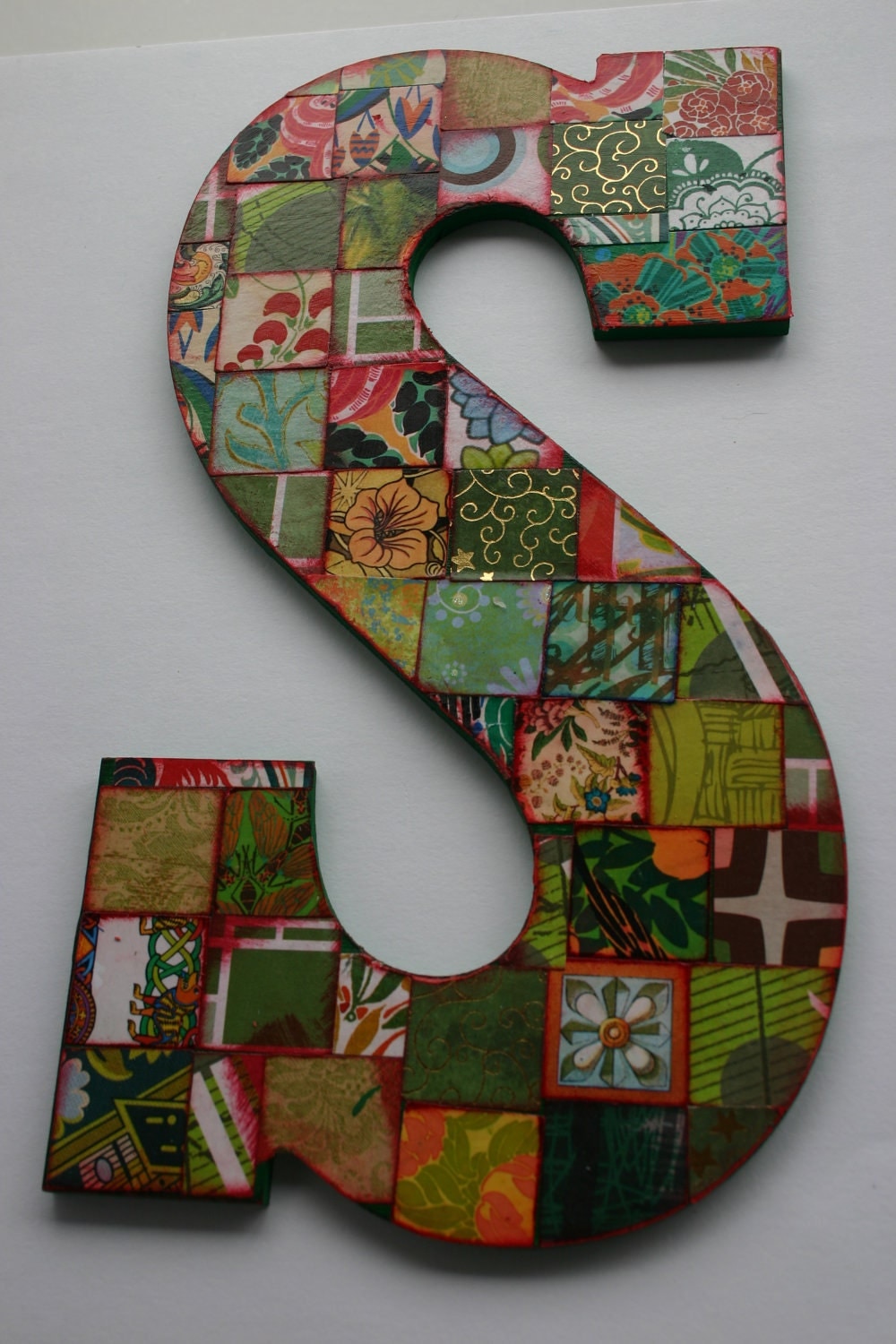 Large decoupage wood letter 'S' Collaged Letter