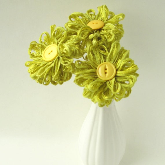 3 Lime Green Ribbon Flowers handmade fabric bouquet