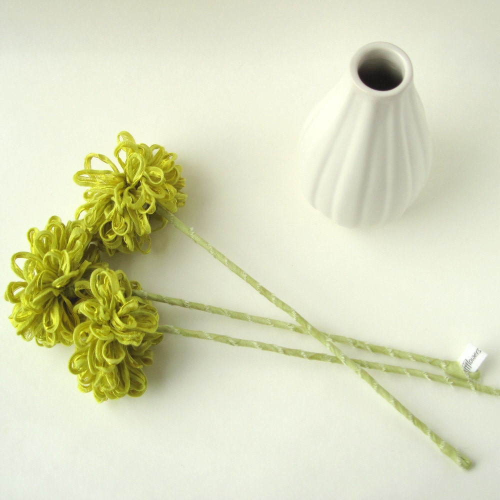 3 Lime Green Ribbon Flowers handmade fabric bouquet by ffflowers
