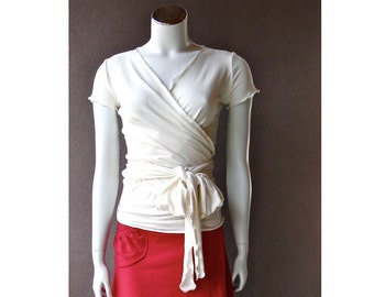 Yoga wrap top with ruffled hem, handmade wrap top, organic women's clothes, white wrap top or more colors.