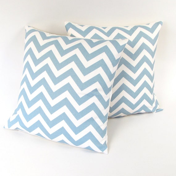 Items similar to Chambray Blue and Ivory Chevron Stripe Pillow Covers