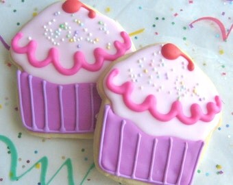 Pinkalicious Cupcakes - Cupcake Cookie Favors - Cupcake Decorated Cookies - Cupcake Cookies - 1 dozen