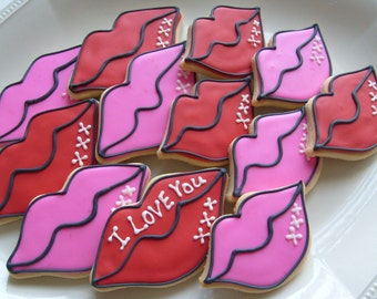 SMOOCHES - Lip Decorated Cookie Favors - Valentines Day Decorated Cookies - 1 Dozen