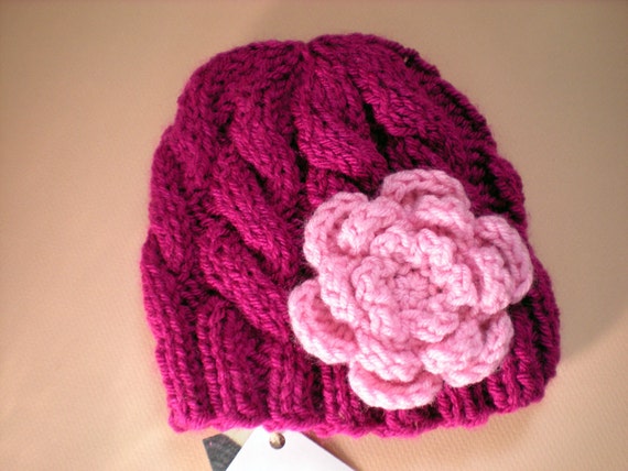 SALE Magenta Cabled Knit Baby Hat with Flower 6 to 12 by TCTbaby