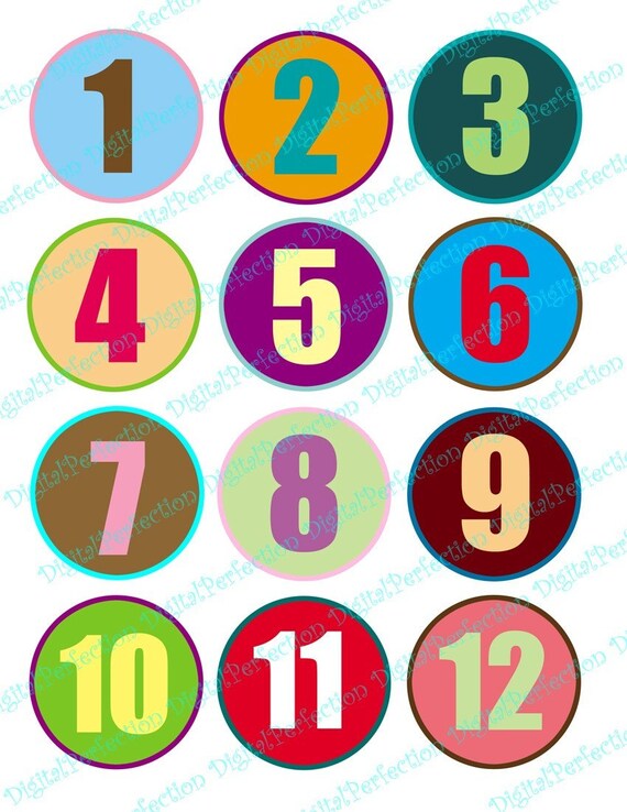 Colorful Numbers 1 to 12 on 60 mm Circles