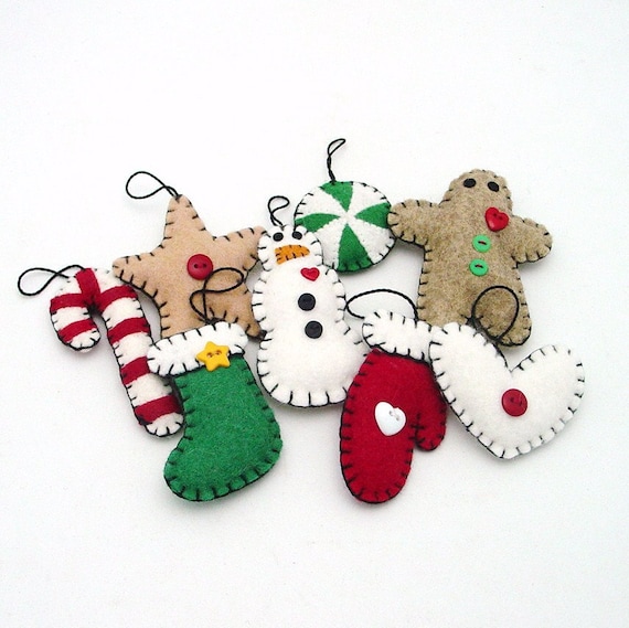 Hand Sewn Penny Rug Style Christmas Ornaments Set of 8 by maryimp