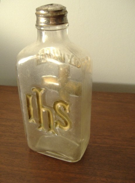 Priest’s Antique Holy Water Bottle IHS Gold Painted Design