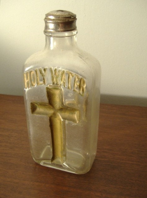 Priest’s Antique Holy Water Bottle IHS Gold Painted Design