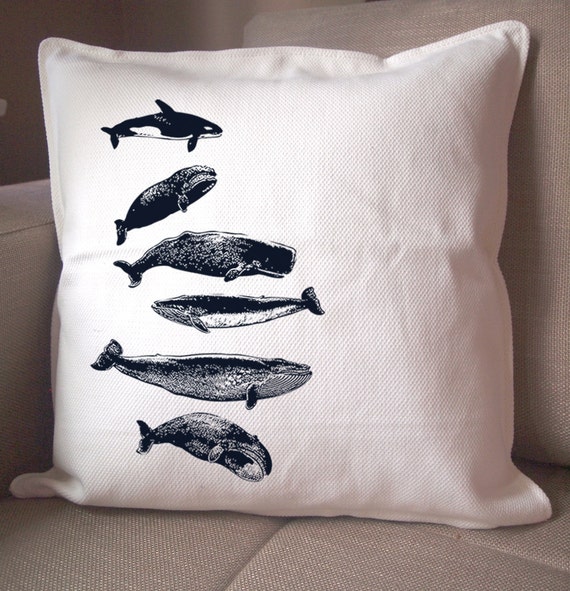 WHALES White & Navy Eco Throw Pillow Cover 20x20