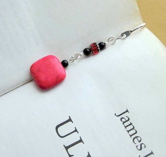 Cute Bookmark Hook. Beaded with Candy Red Stone. Silver Plated Squiggle Hook.
