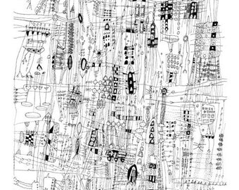 City Life - City Drawing line drawing Archival print of original drawing giclee landscape art city art black and white art 12 x 18 inches