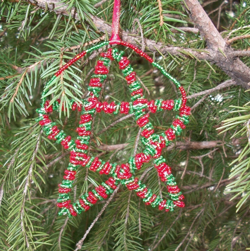 Handbeaded and Wire Wrapped Red and Green Star Ornament