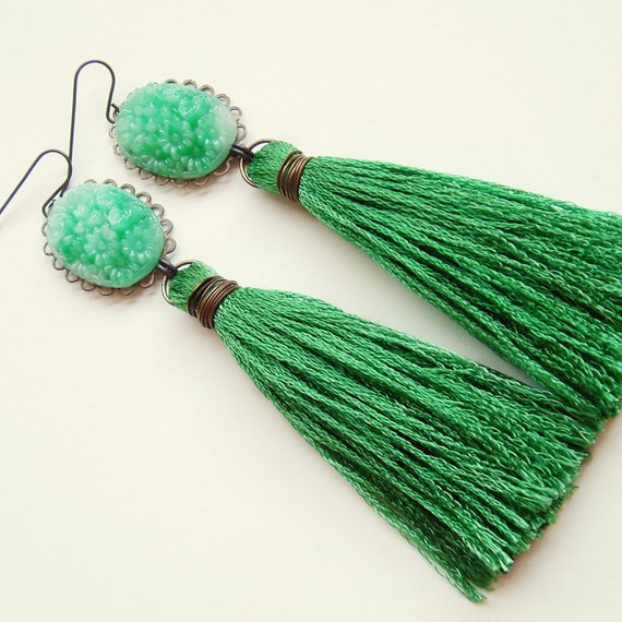 Carved Jade Tassel Earrings Vintage Glass Cabochons Green