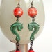 Long Victorian Beaded Sea Dragon Earrings Verdigris and Vintage Glass Red Orange Green
