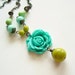 Turquoise Carved Rose Necklace Vintage Large Flower Pendant Colorful Aqua Chartreuse