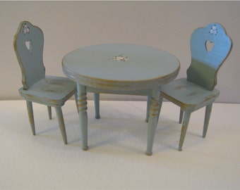 Duck egg blue table and two chairs, hand painted with rose bouquets, twelfth scale miniature