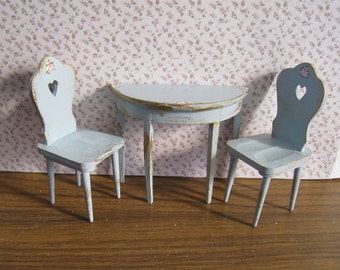 Dollhouse Table and chairs tete a tete set, hand painted with rose bouquets, duck egg blue, twelfth scale miniature