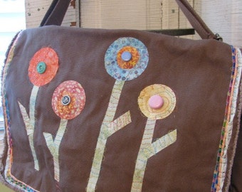 Messenger Bag, Canvas Cross Body Bag, Brown Messenger Bag, Book Bag, Diaper Bag, School Bag, Flower Theme, Gift for Gardener, Nature Lover