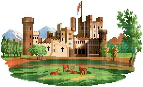 Deer and castle cross stitch pattern. Instant download PDF