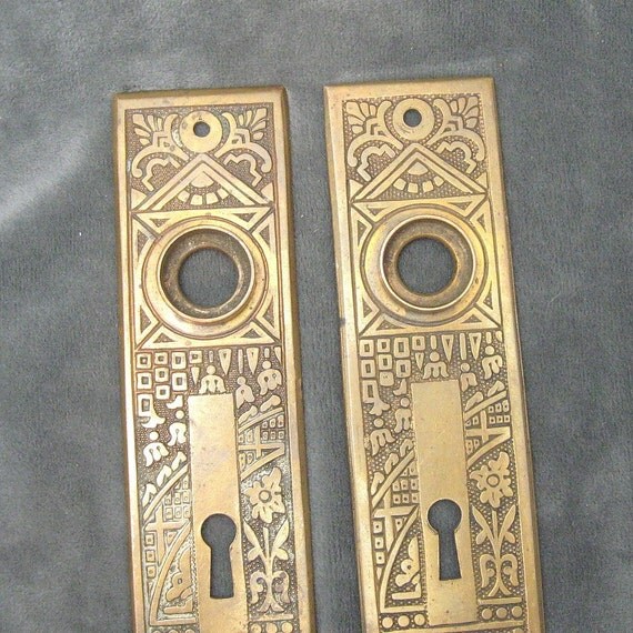 Antique Brass Door Knob Backplates Victorian Ornate Pair