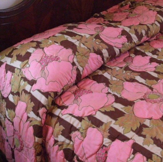Vintage Nettle Creek Twin Bedspread Brown and Pink Stripes