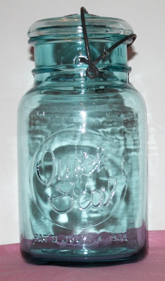 Vintage Quick Seal Aqua Blue Jar with Bail Handle and Glass