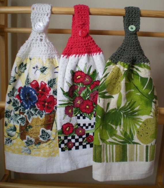 Hanging Dish Towels Set of 3 with Crocheted Tops