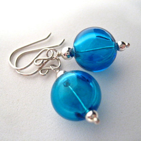 Blue Blown Glass Globe Dangle Sterling Silver Earrings