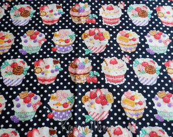 SALE - Sweets Cup Cake Polka dots on Black - Fat Quarter (12i0603)