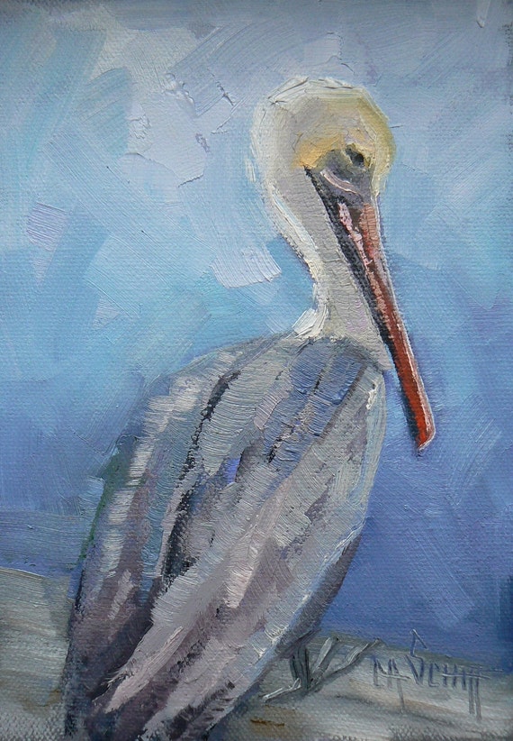 Original Oil Bird Painting Pelican Sitting on the Dock