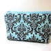 Medium Cosmetic Pouch Brown and Blue Damask Print
